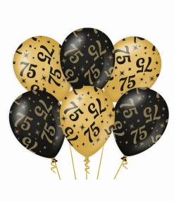 Ballonnen 75 Jaar Goud Zwart 30cm 6st