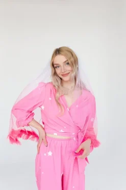 Bruiloft Sluier Wit Met Roze Kwastjes