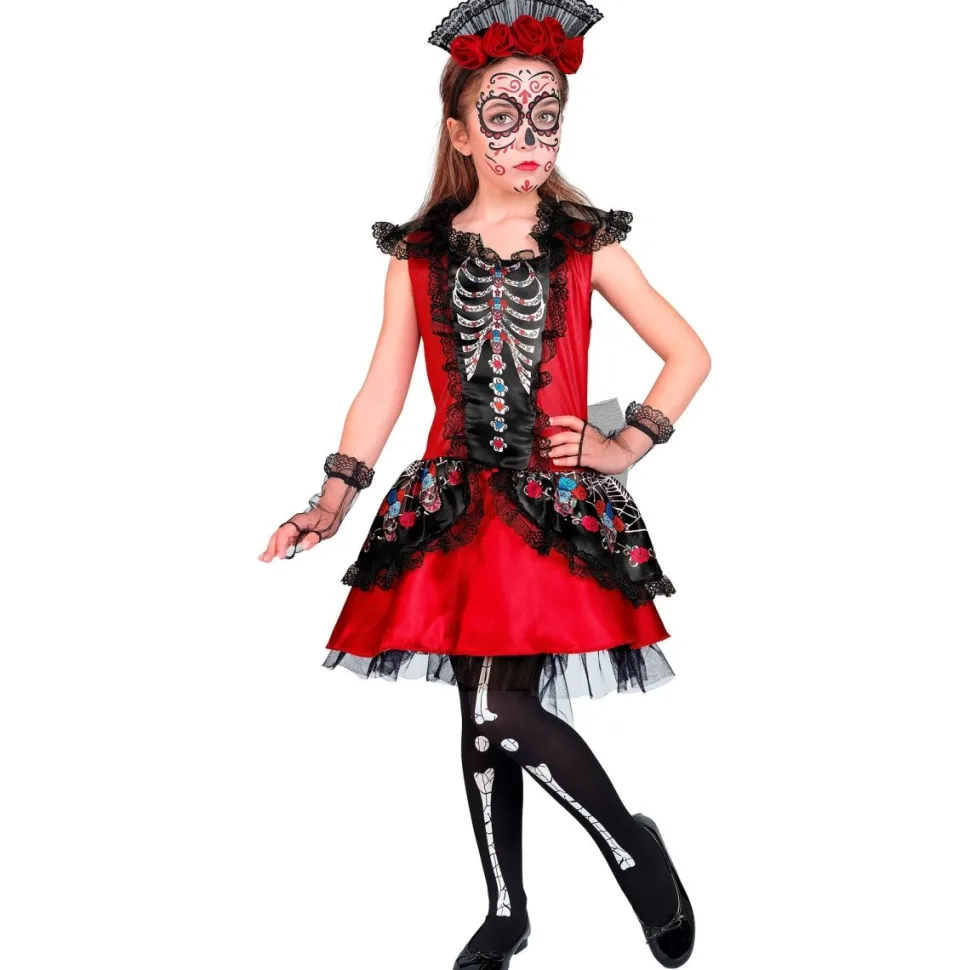 Dia De Los Muertos Jurk Zwart Rood