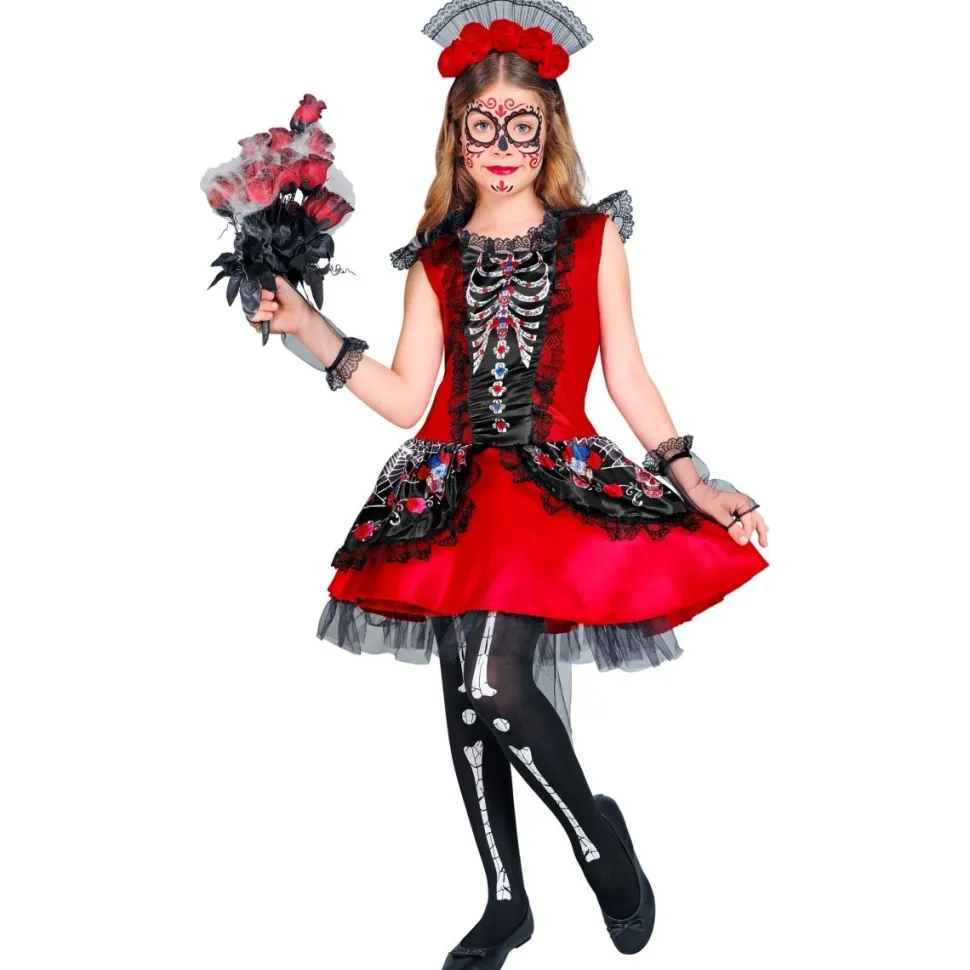 Dia De Los Muertos Jurk Zwart Rood