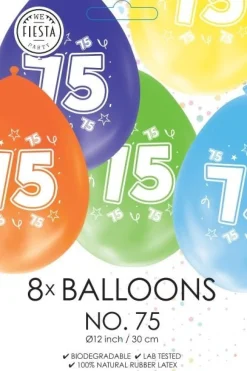 Gekleurde Ballonnen 75 Jaar 30cm 8st