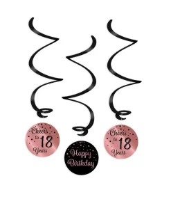 Hangdecoratie 18 Jaar Happy Birthday Zwart Roze 17cm 3st
