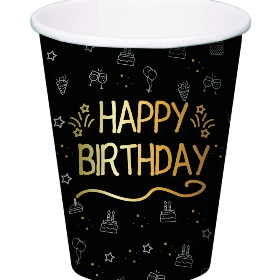 Happy Birthday Bekers Zwart Papier 250ml 8st