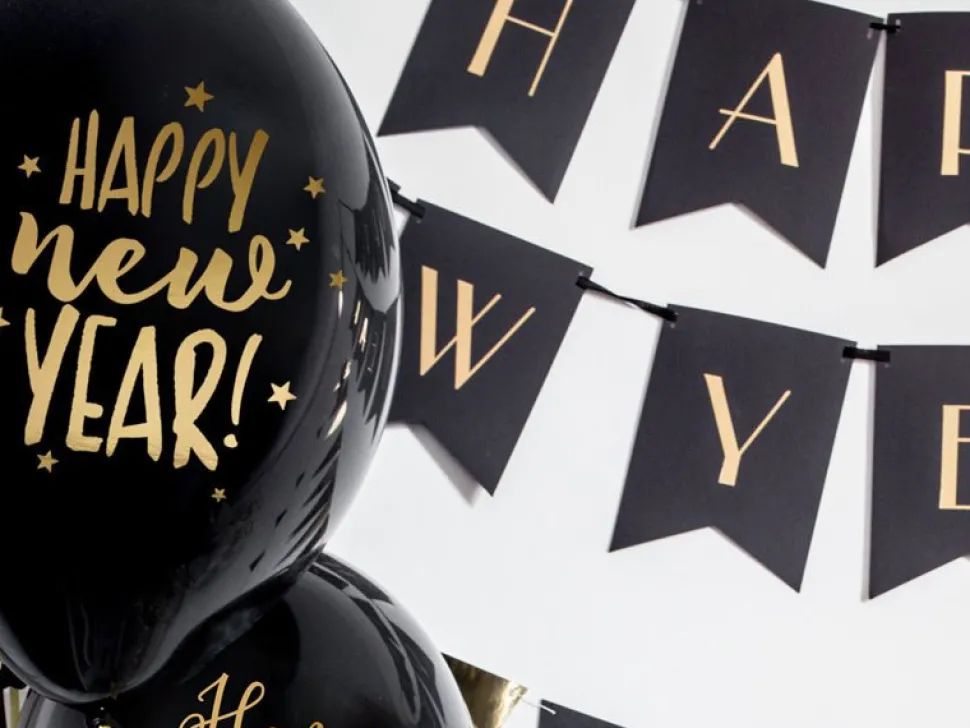 Happy New Year Ballonnen Zwart 30cm 6st
