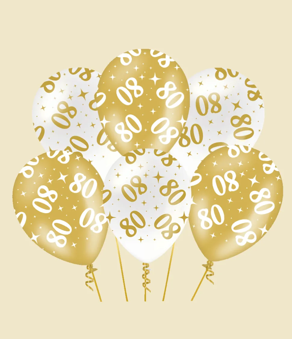 80 Jaar Ballonnen Wit Goud 30cm 6st