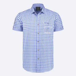 Wit Blauwe Blouse Heren Korte Mouw Traditioneel Geruit