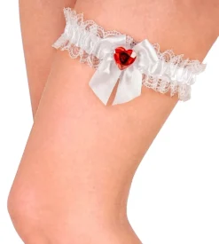 Witte Kousenband Met Rood Diamanten Hartje
