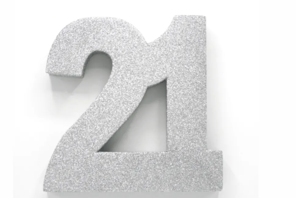 Zilver Tafeldecoratie Cijfer 21 Glitter 20,5cm