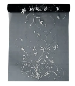 Zwarte Organza Stof Zilveren Bloemen 36cm 9m